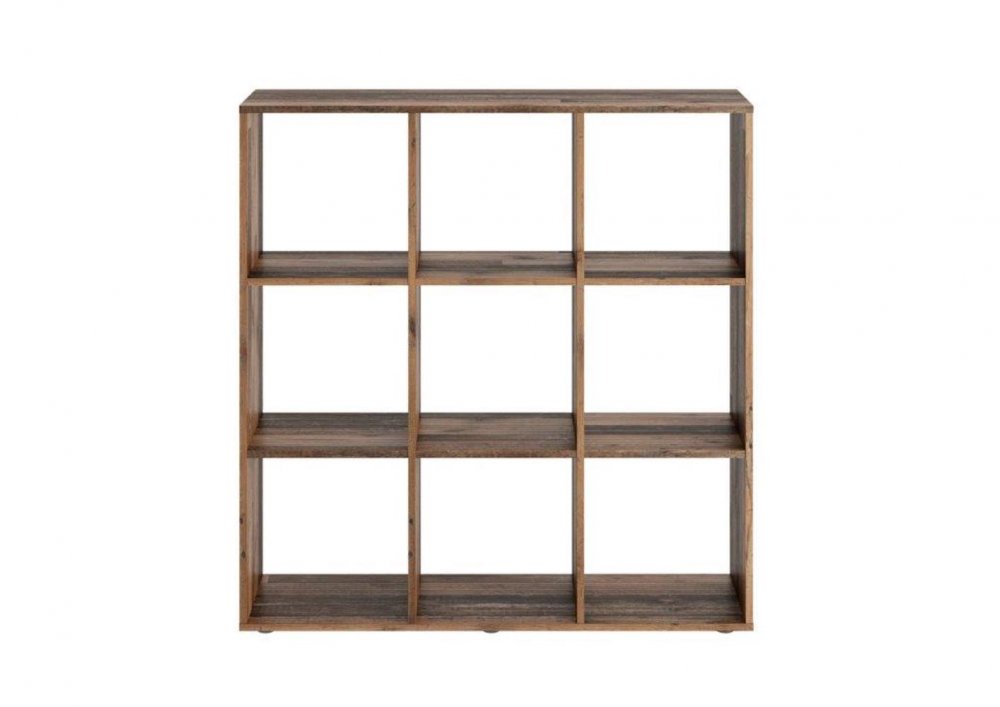 Bibliothèque design carrée MONTPELLIER coloris bois vieilli old style foncé 2 plateaux fixes 9 casiers